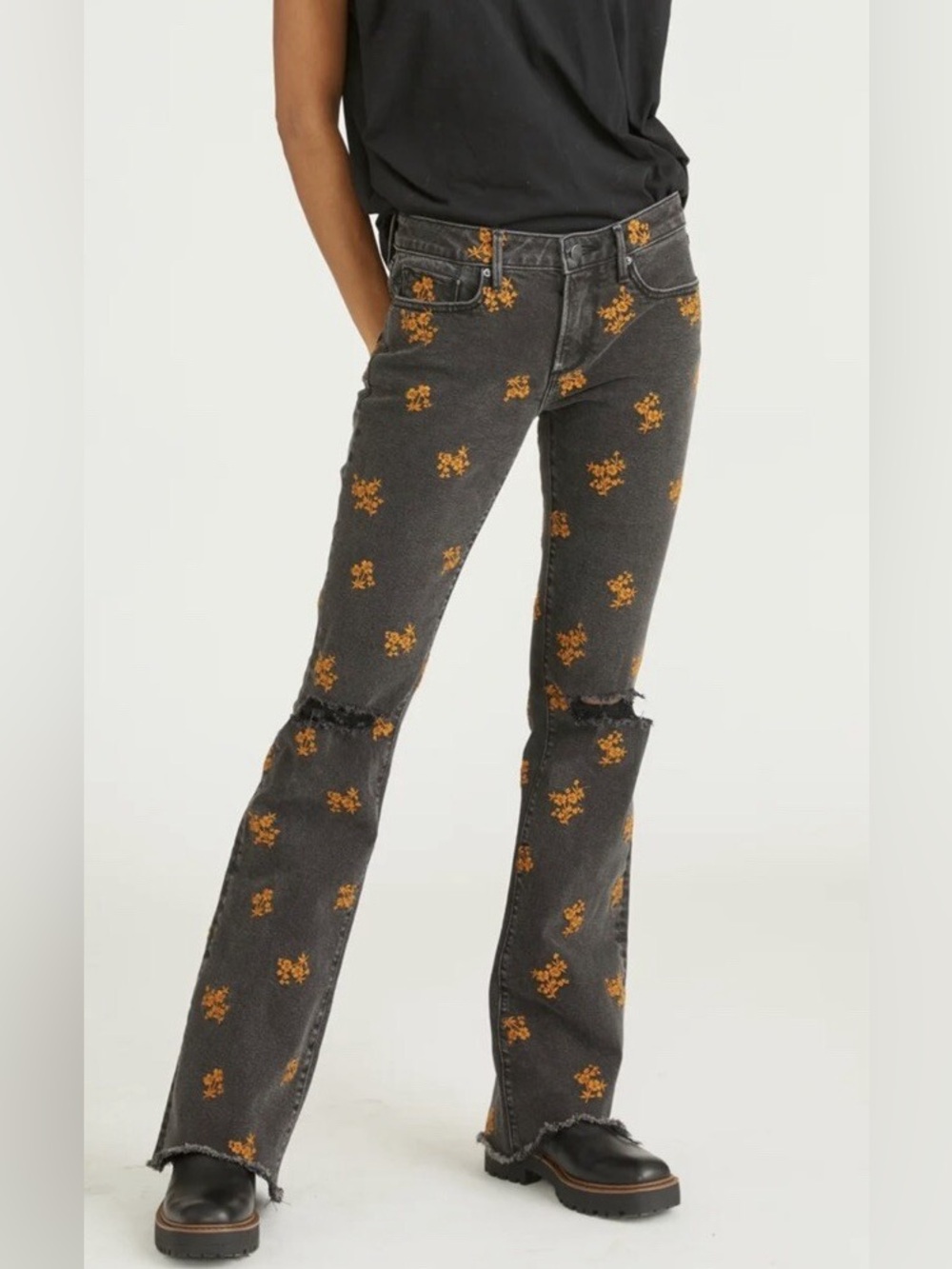 Driftwood Eva Bootcut Jeans Black Floral Embroidered Boho Distressed Size 27x33